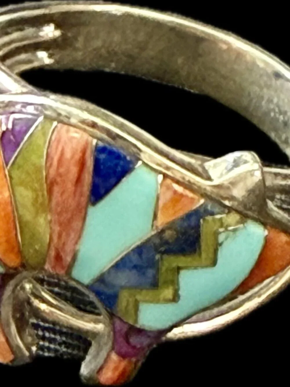 Southwest Inlay Multicolor Bear Sterling Silver Ring